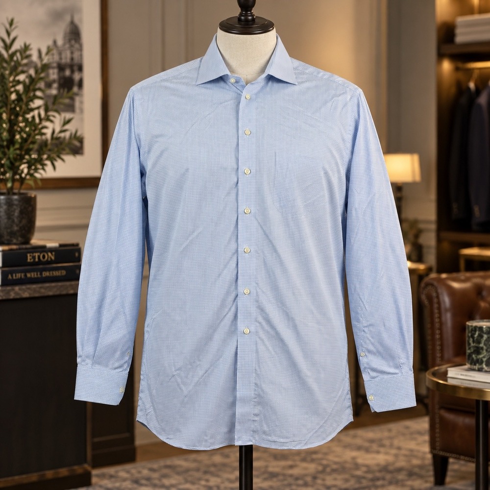 Eton Classic Fit Dress Shirt Mens 18.5 47 Blue White Gingham Micro Check Cotton